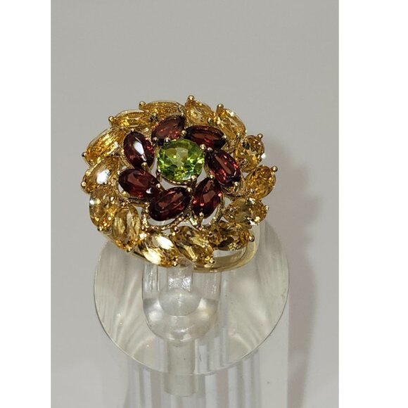 .925 Sterling Silver/14kt Gold Peridot/Garnet/Citrine Ring Size 7.5 Value $685 - Picture 3 of 9